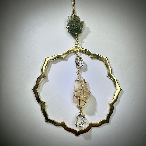 Gold Plated Moldavite, Herkimer Diamond & LDG Necklace | 1.2g | Chlum