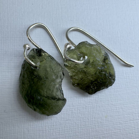 Handmade sterling silver Moldavite earrings from Vrabce