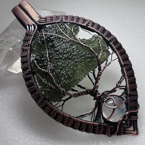 Moldavite & Moonstone Copper Tree of Life Pendant | 9.11g | Chlum