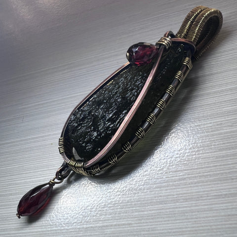Moldavite Copper/Brass pendant with Garnet Acccents