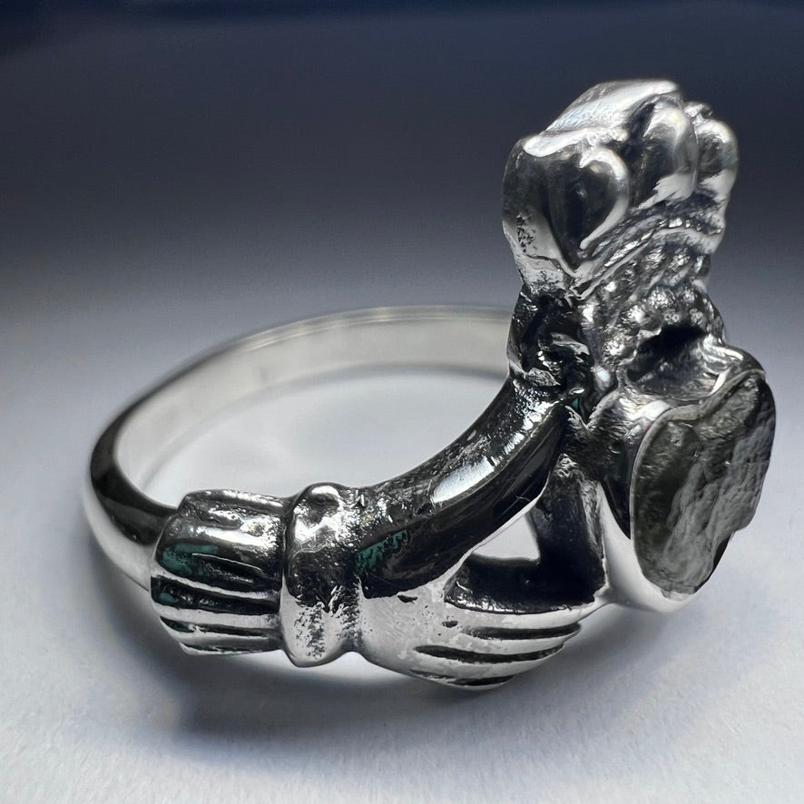 Claddagh Sterling Silver Moldavite Ring - Size 9