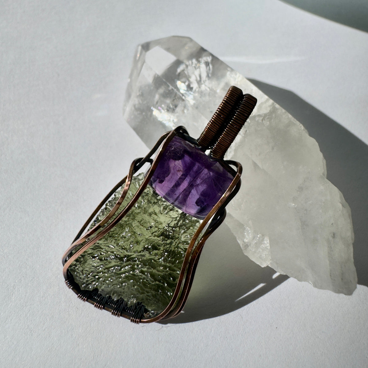 Moldavite & Amethyst Copper Pendant | 3.93g | Marouskovo Pole