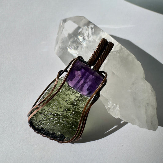 Moldavite & Amethyst Copper Pendant | 3.93g | Marouskovo Pole