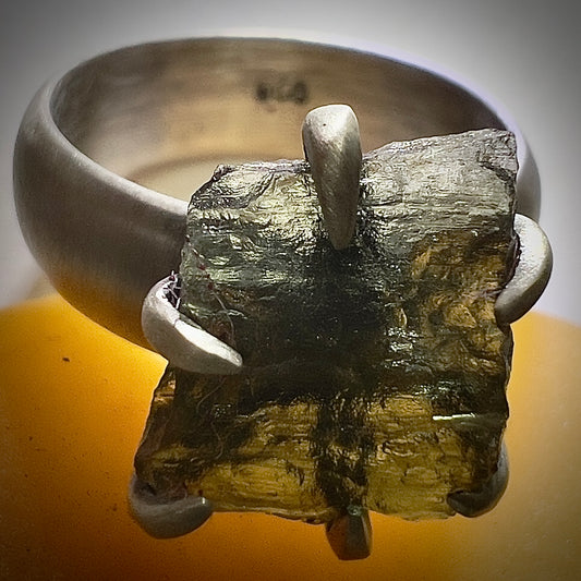 Oxidised Sterling Silver Moldavite Claw Ring | Size 7.5 (P) | Chlum