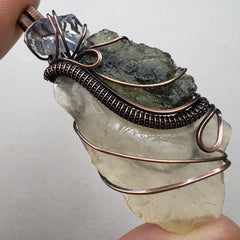 Moldavite, LDG & Herkimer Pendant - Copper Wrap