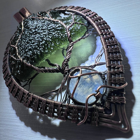 Moldavite & Moonstone Copper Tree of Life Pendant | 9.11g | Chlum