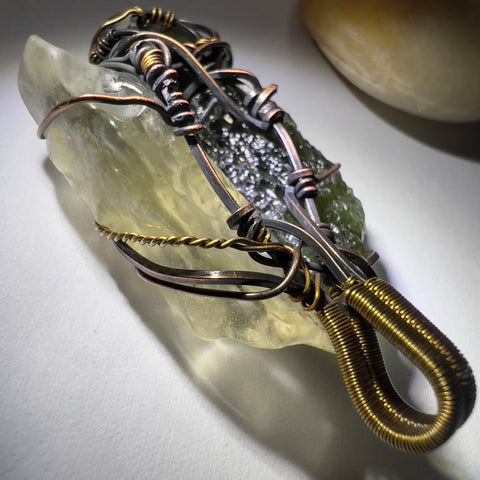 Moldavite, Libyan Desert Glass & Labradorite Pendant - Copper & Brass Wrap