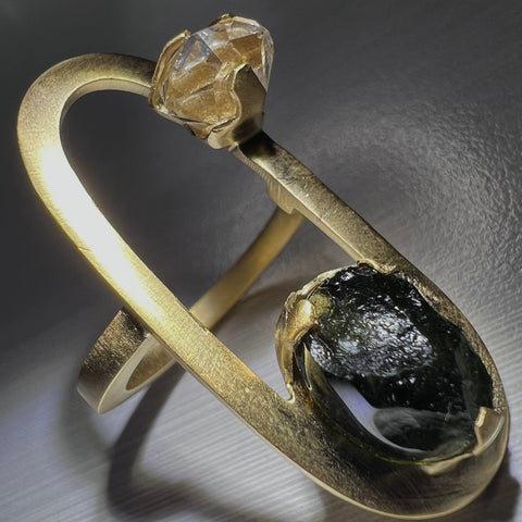 One-of-a-Kind Artisan Design Moldavite & Herkimer Gold Plated Ring - Size 7