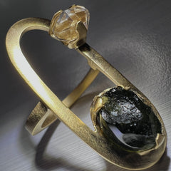 Moldavite & Herkimer Gold Ring – One-of-a-Kind Artisan Design (Size 7-O)