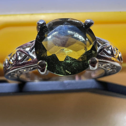 Faceted Moldavite Silver Ring Size 7 | 1 ct | Chlum
