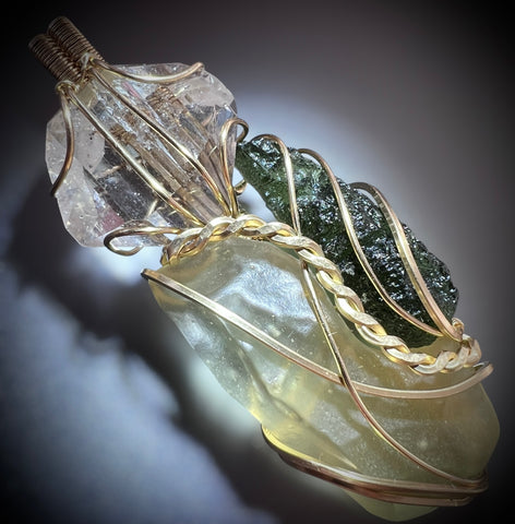 Moldavite,LDG & Herkimer Gold Pendant