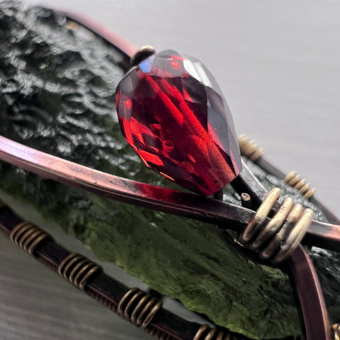 Moldavite Copper/Brass pendant with Garnet Acccents