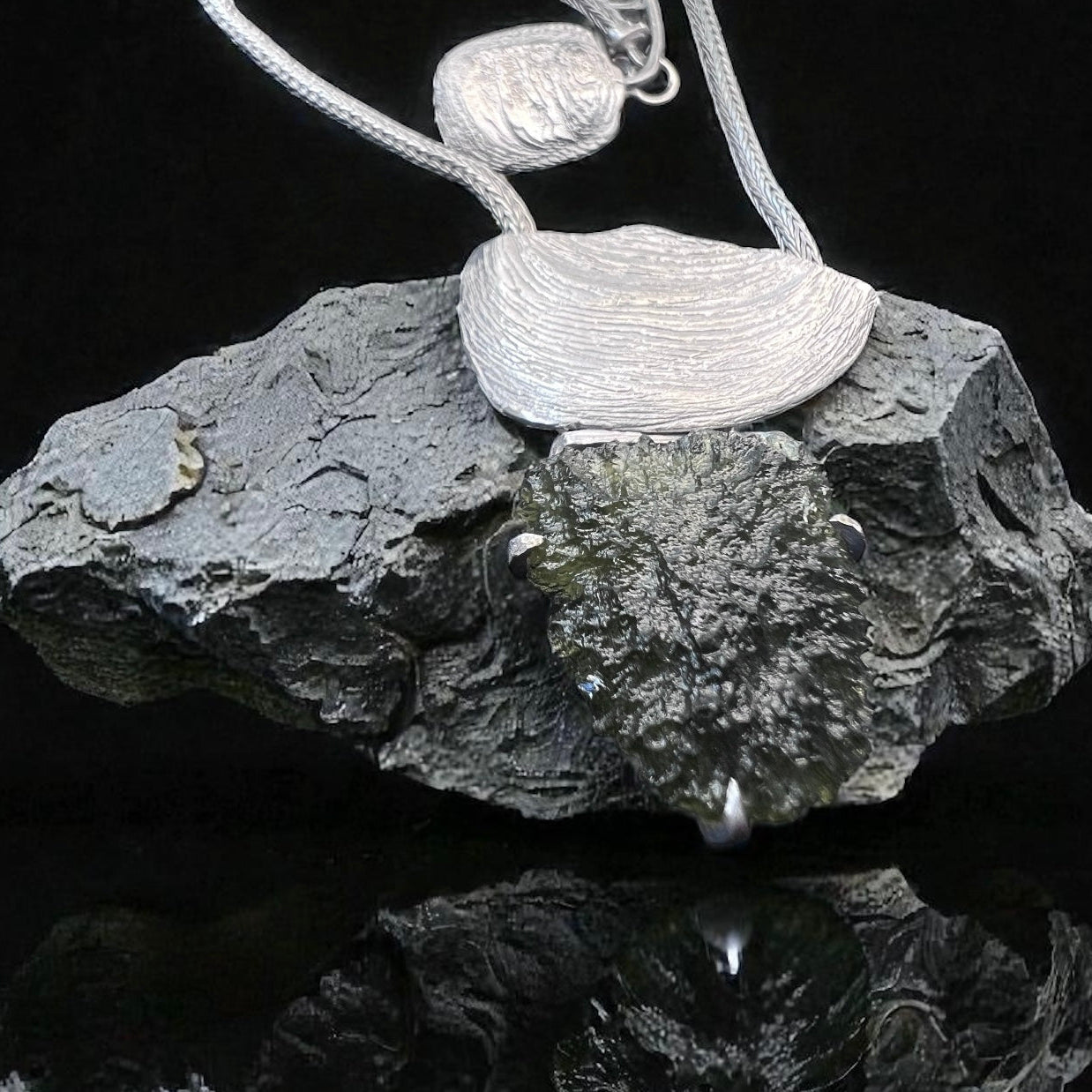 Rhodium-Plated Moldavite Pendant