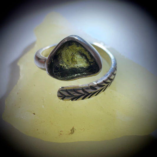 Open Sterling Silver Moldavite Leaf Ring – Size 5