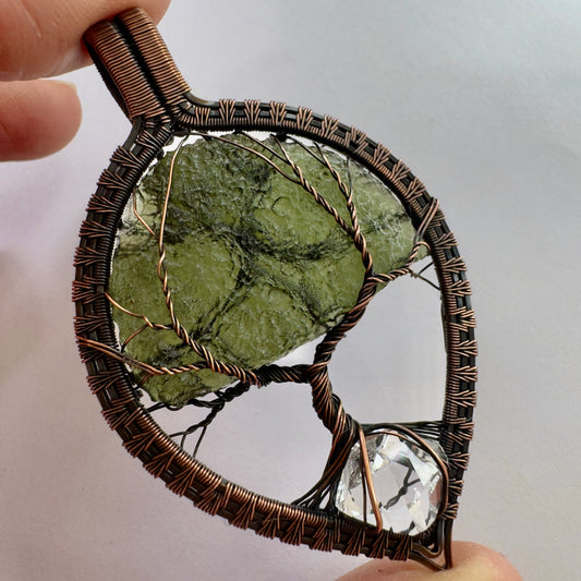 Moldavite & Herkimer Diamond Copper Tree of Life pendant | 6.61g | Chlum