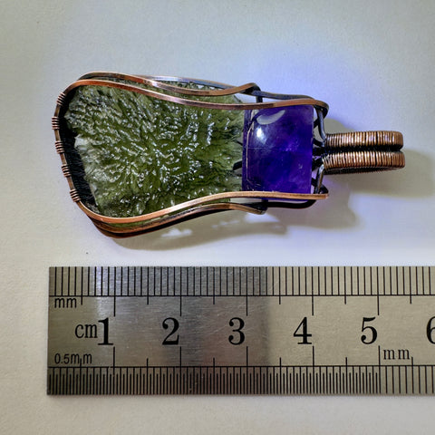 Moldavite & Amethyst Copper Pendant | 3.93g | Marouskovo Pole