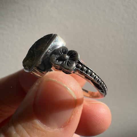 Sterling Silver Moldavite Flower Ring | Size 7.5 | Chlum