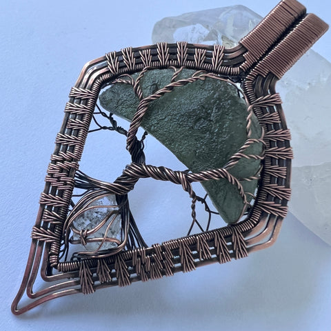 Moldavite & Herkimer Diamond Copper Tree of Life Pendant | 4.93g | Chlum