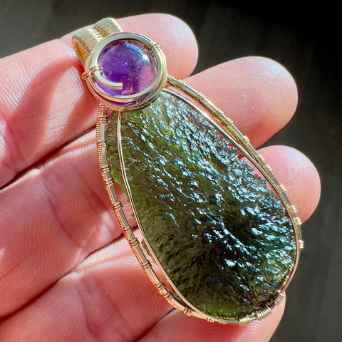 14k Gold-Fill Moldavite & Amethyst pendant - 10.49g.