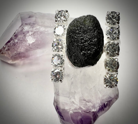 Sterling Silver Moldavite & Cubic Zirconia Ring | Size 6.5 (N) | Chlum