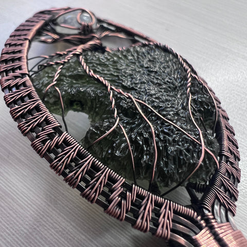 Moldavite & Moonstone Copper Tree of Life Pendant | 9.11g | Chlum