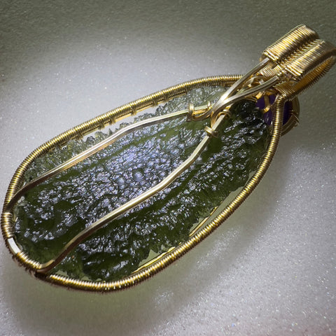 14k Gold-Fill Moldavite & Amethyst pendant - 10.49g.