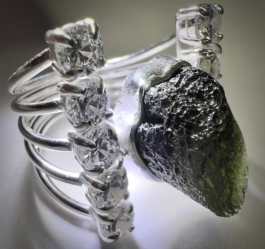 Sterling Silver Moldavite & Cubic Zirconia Ring | Size 6.5 (N) | Chlum