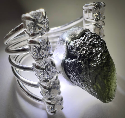 Sterling Silver Moldavite & Cubic Zirconia Ring | Size 6.5 (N) | Chlum