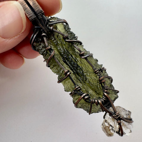 Moldavite & Herkimer Diamond Copper Pendant | 7.4g | Marouskovo Pole