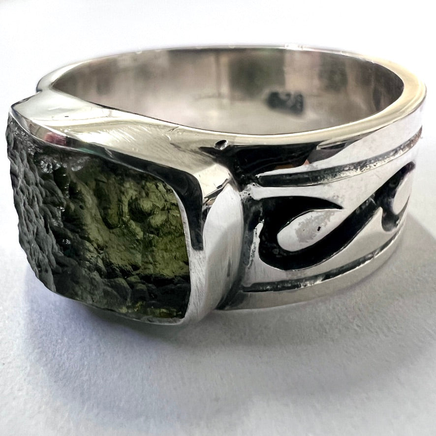 Sterling Silver Moldavite Wave Ring – Size 10