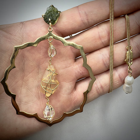 Gold Plated Moldavite, Herkimer Diamond & LDG Necklace | 1.2g | Chlum