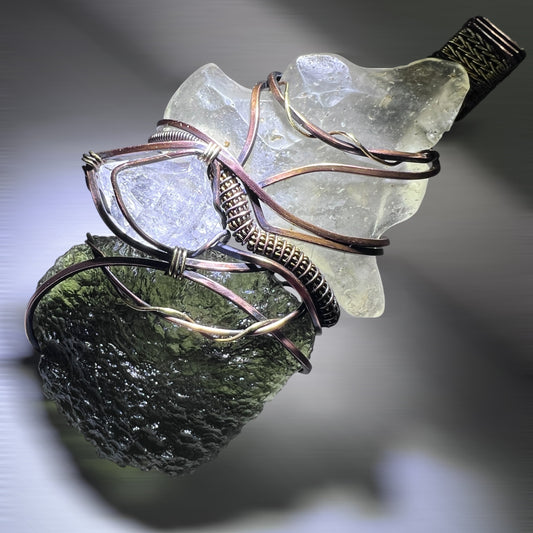 Moldavite, Libyan Desert Glass & Herkimer Diamond Pendant - Copper & Brass Wrap