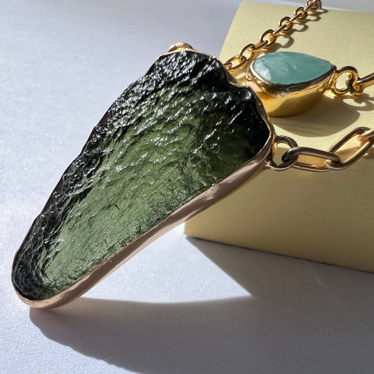 Gold Plated Bezel Moldavite Necklace, 3.94g