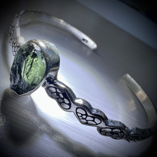 Heart Bezel Design Moldavite Silver Bracelet