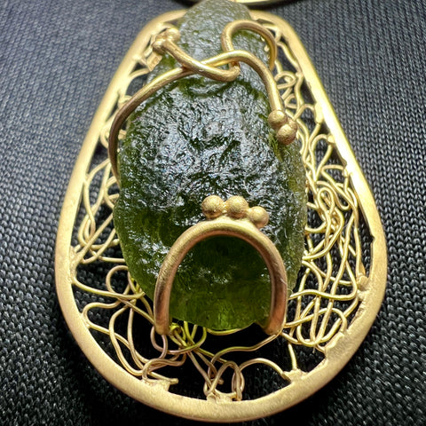 Ornate Moldavite Necklace - Gold plated Sterling silver