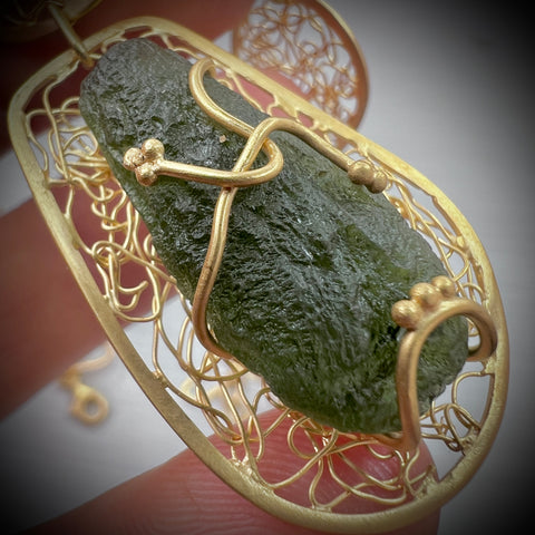 Ornate Moldavite Necklace - Gold plated Sterling silver