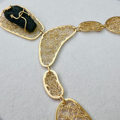 Ornate Moldavite Necklace - Gold plated Sterling silver
