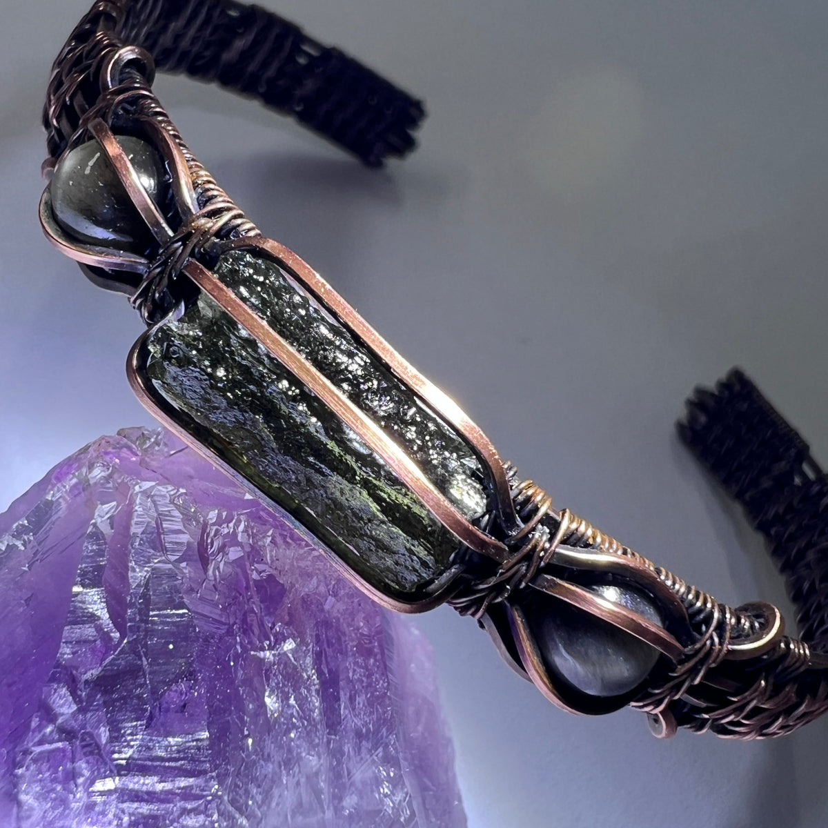 1.1g Moldavite & Blue Tigers Eye Copper Bracelet