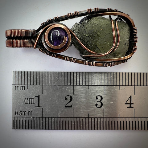 Moldavite & Amethyst Copper Pendant | 1.25g | Chlum