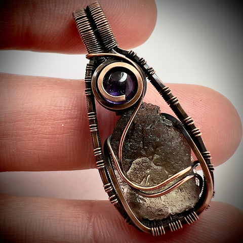 Moldavite & Amethyst Copper Pendant | 1.25g | Chlum