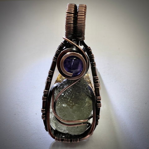 Moldavite & Amethyst Copper Pendant | 1.25g | Chlum