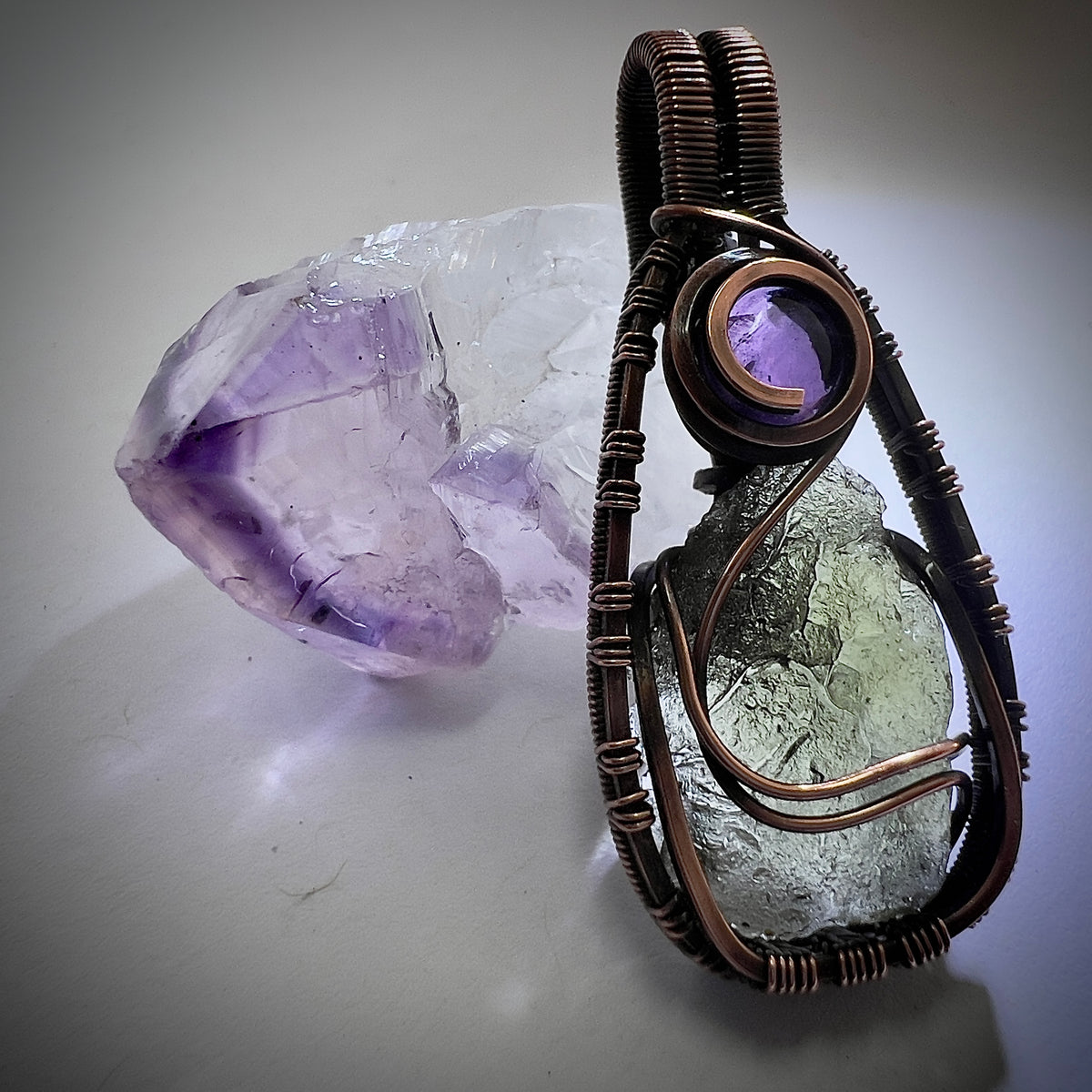 Moldavite & Amethyst Copper Pendant | 1.25g | Chlum