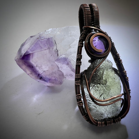 Moldavite & Amethyst Copper Pendant | 1.25g | Chlum
