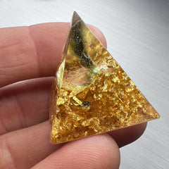 Moldavite & 24ct Gold orgone generator pyramid. 30mm.