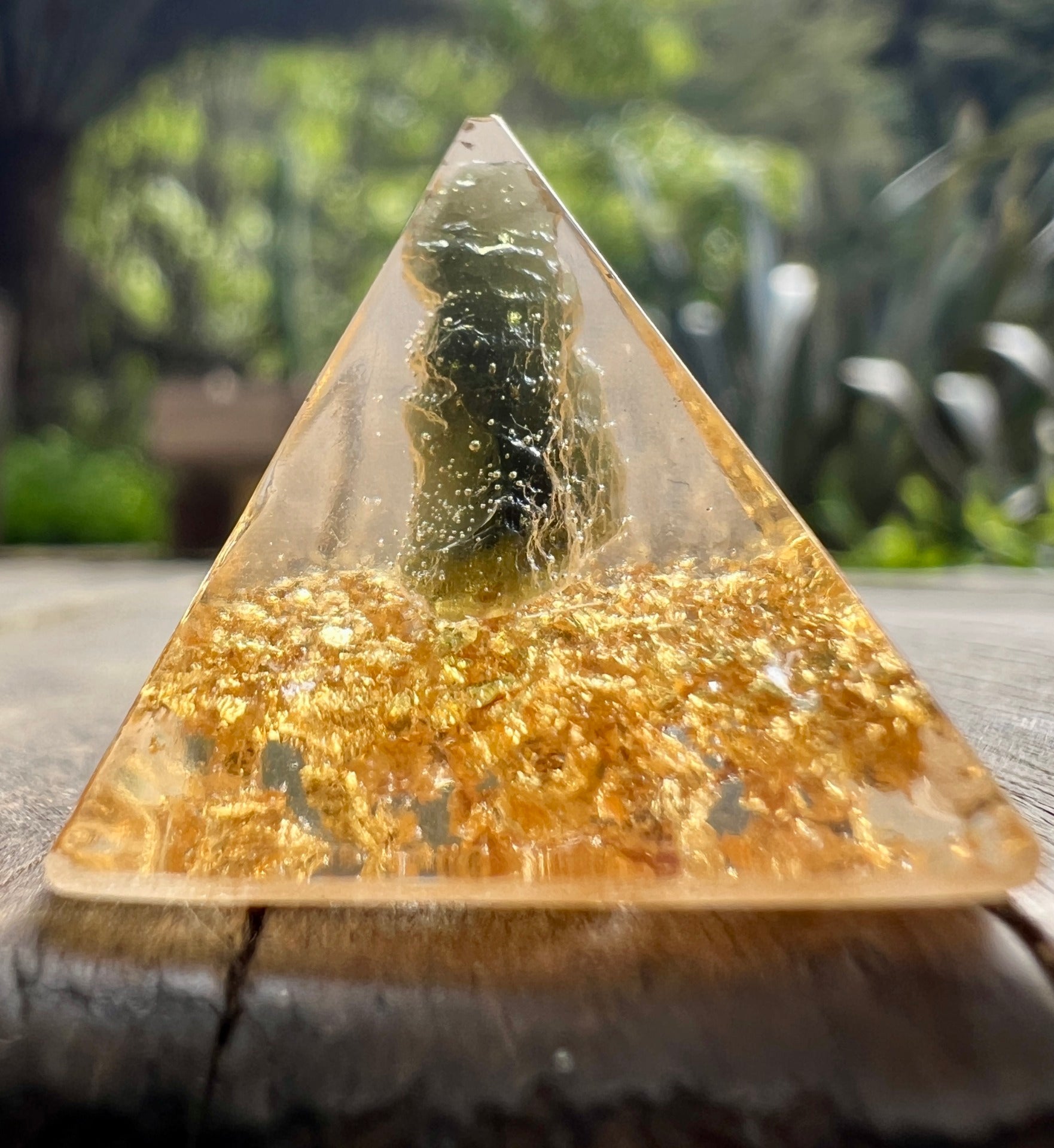 Moldavite & 24ct Gold orgone generator pyramid.