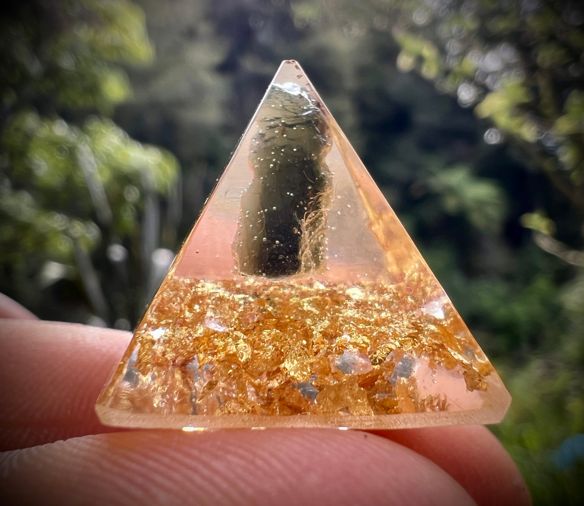 Moldavite & 24ct Gold orgone generator pyramid.