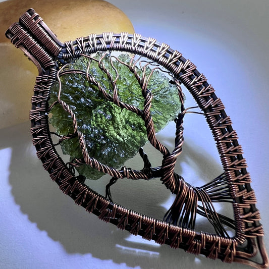 Moldavite Copper Tree of Life Pendant