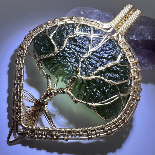 Tree of Life Moldavite Pendant– 14k Gold