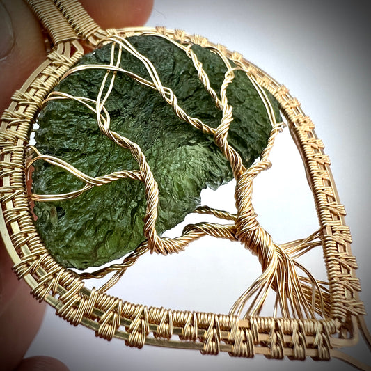 Tree of Life Moldavite Pendant– 14k Gold