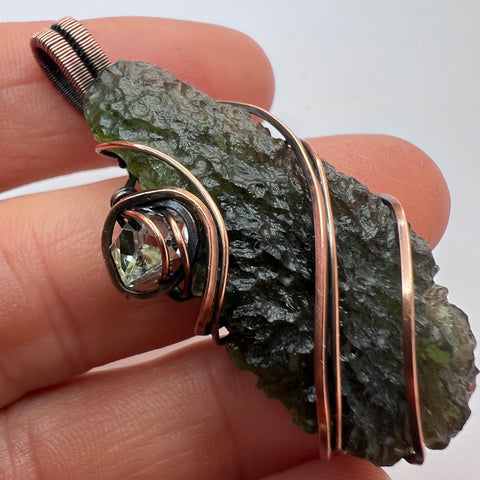 9.6g Moldavite & Herkimer Diamond Pendant - Copper Wrap